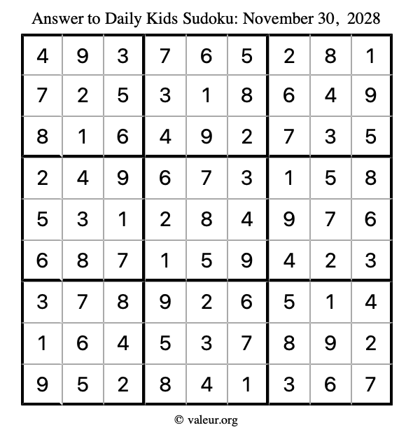 Answer to kids sudoku November 30, 2028
