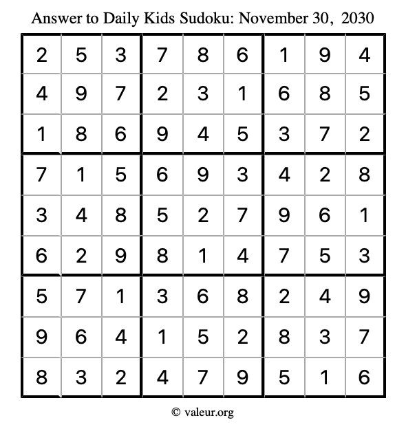 Answer to kids sudoku November 30, 2030