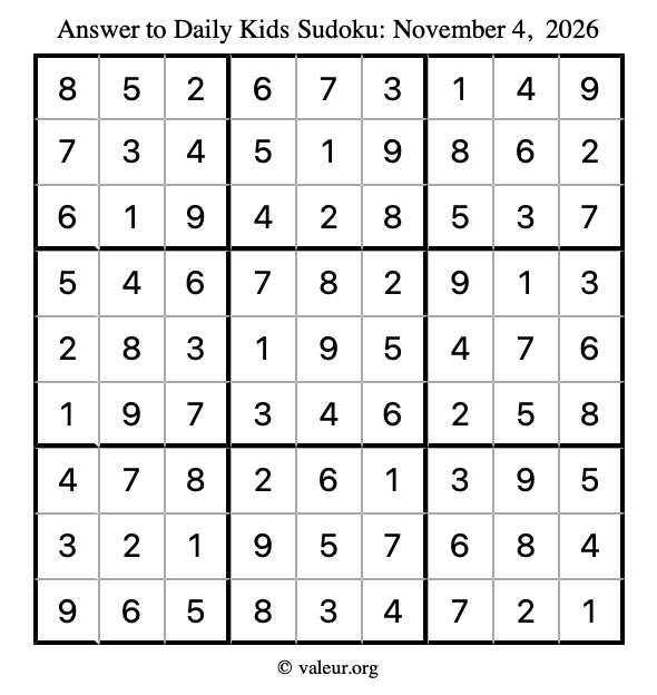 Answer to kids sudoku November 4, 2026