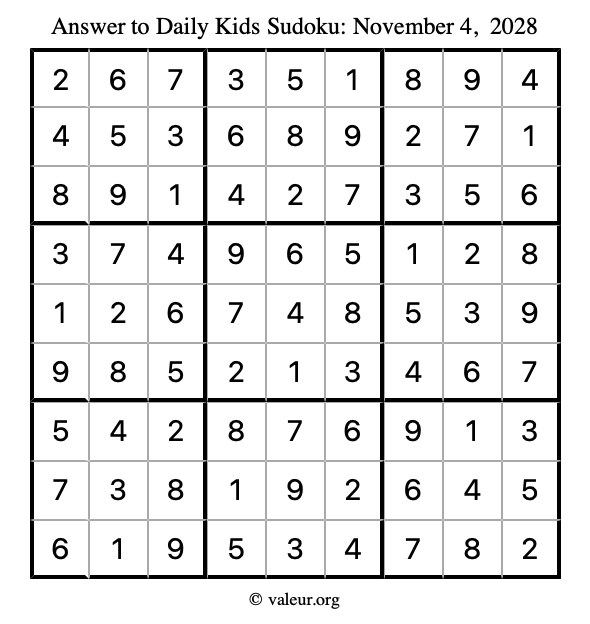 Answer to kids sudoku November 4, 2028