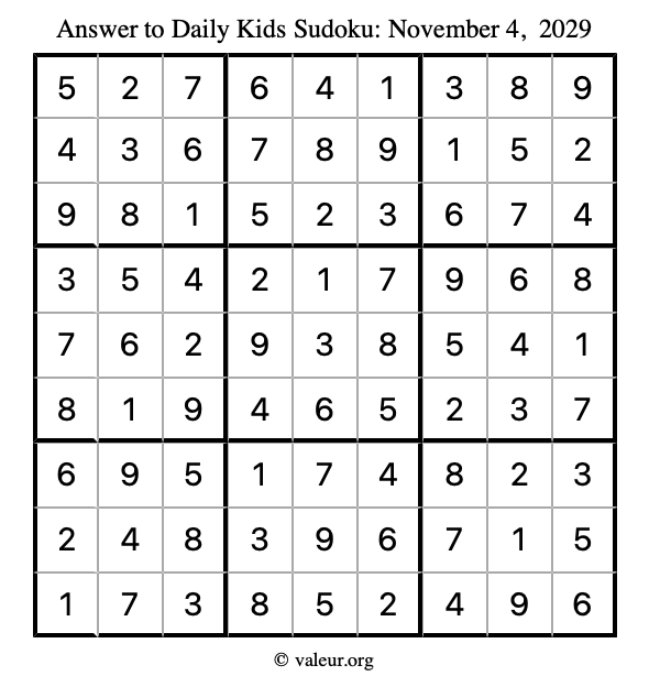 Answer to kids sudoku November 4, 2029