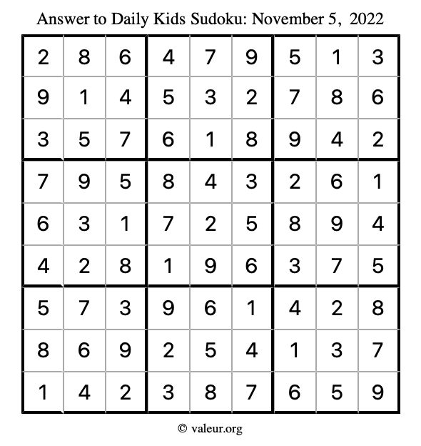 Answer to kids sudoku November 5, 2022