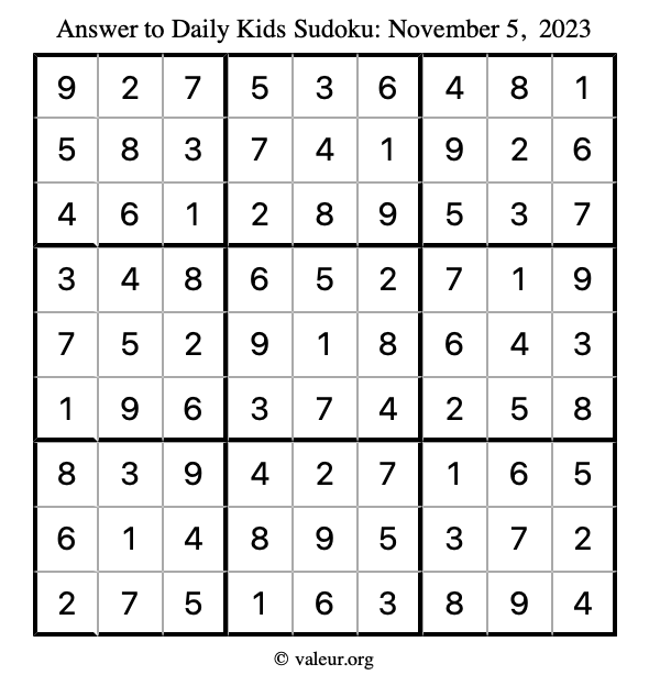 Answer to kids sudoku November 5, 2023