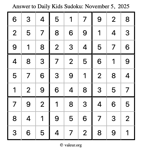 Answer to kids sudoku November 5, 2025