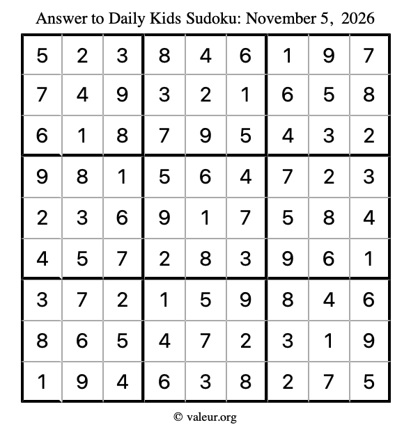 Answer to kids sudoku November 5, 2026
