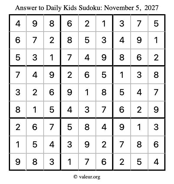 Answer to kids sudoku November 5, 2027