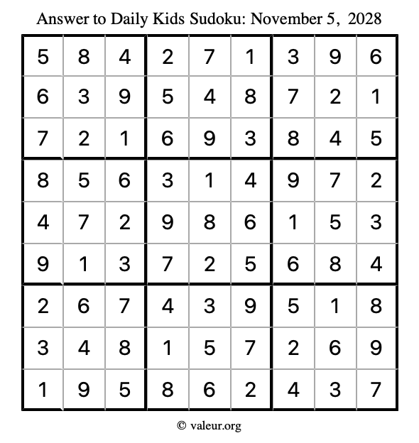 Answer to kids sudoku November 5, 2028