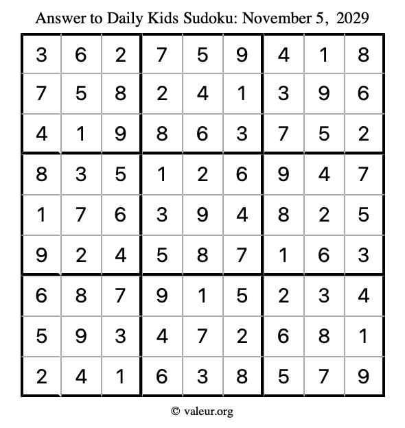 Answer to kids sudoku November 5, 2029