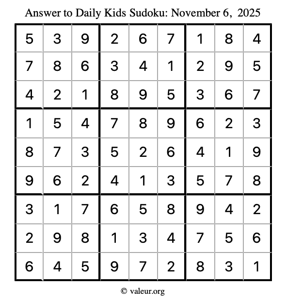 Answer to kids sudoku November 6, 2025