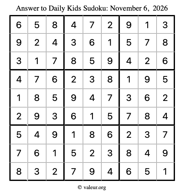 Answer to kids sudoku November 6, 2026