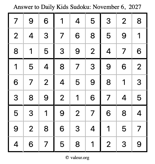 Answer to kids sudoku November 6, 2027