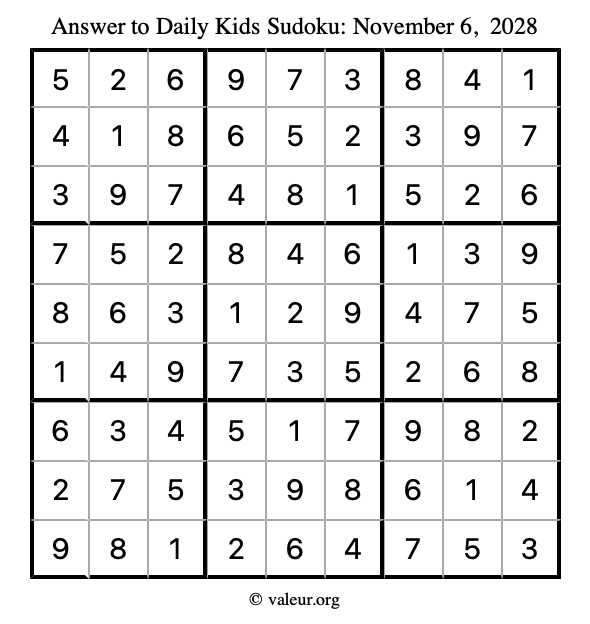 Answer to kids sudoku November 6, 2028