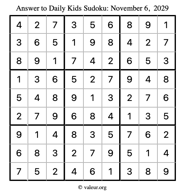Answer to kids sudoku November 6, 2029
