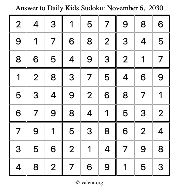 Answer to kids sudoku November 6, 2030