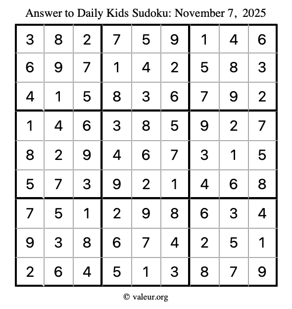 Answer to kids sudoku November 7, 2025