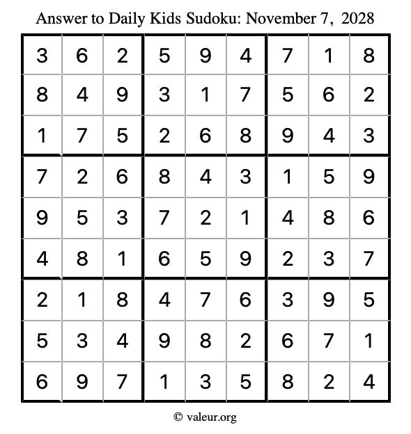 Answer to kids sudoku November 7, 2028