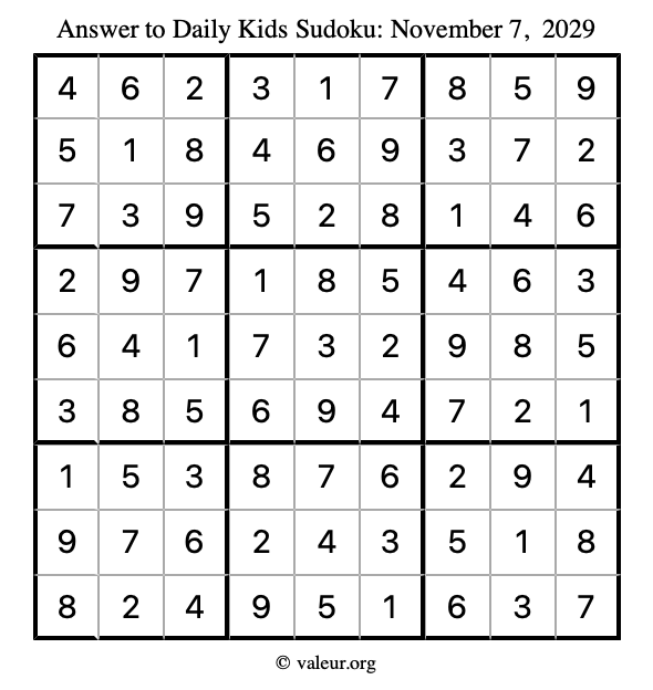 Answer to kids sudoku November 7, 2029
