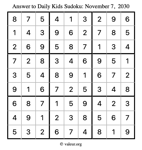 Answer to kids sudoku November 7, 2030