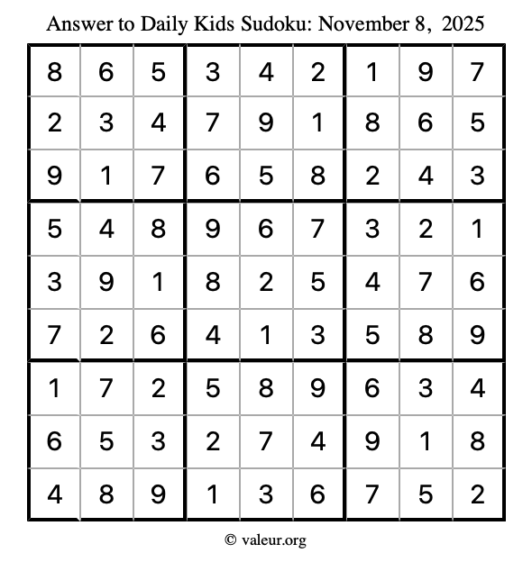 Answer to kids sudoku November 8, 2025