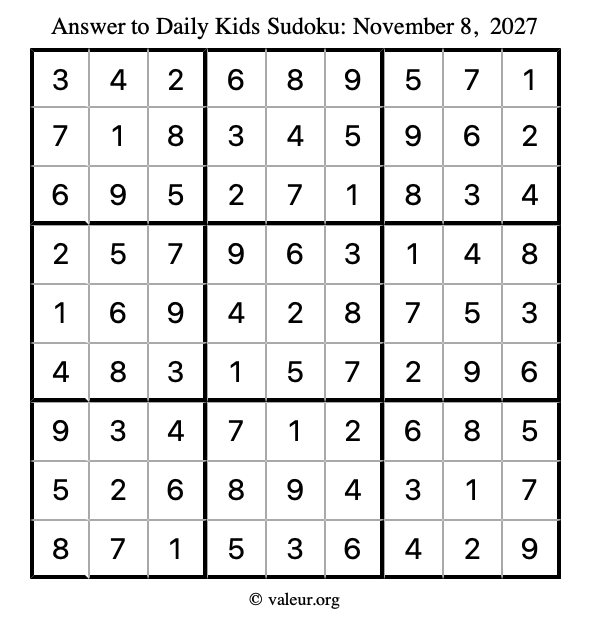 Answer to kids sudoku November 8, 2027