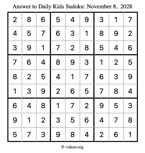 Answer to kids sudoku November 8, 2028