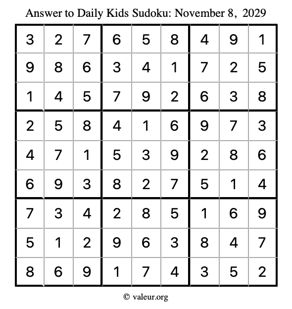 Answer to kids sudoku November 8, 2029
