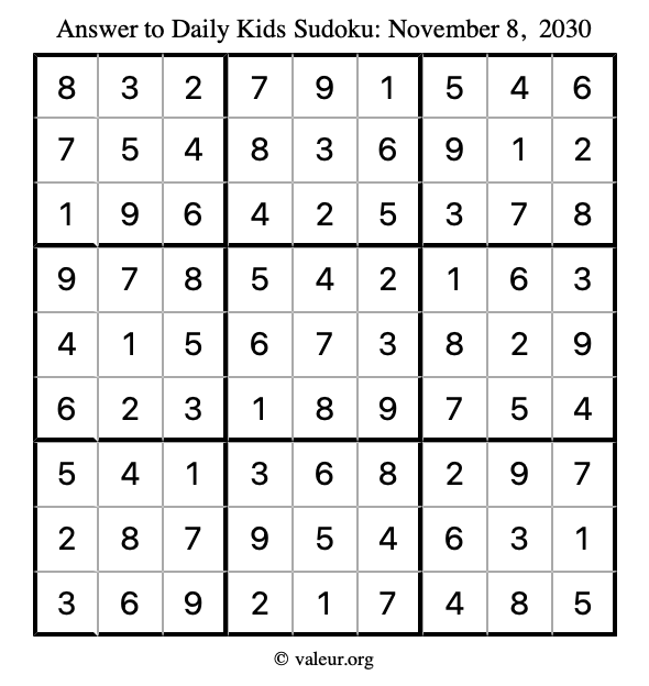 Answer to kids sudoku November 8, 2030