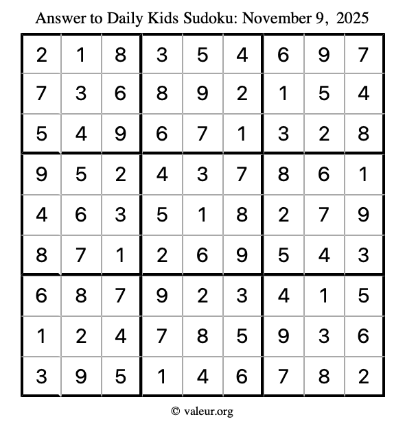 Answer to kids sudoku November 9, 2025