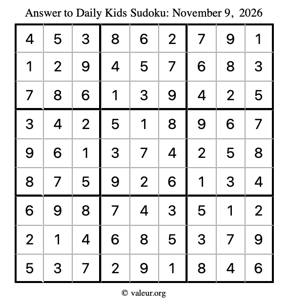 Answer to kids sudoku November 9, 2026