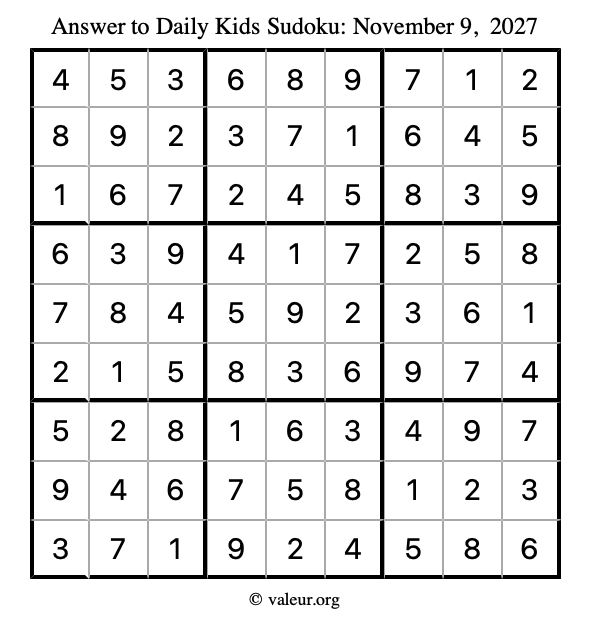 Answer to kids sudoku November 9, 2027