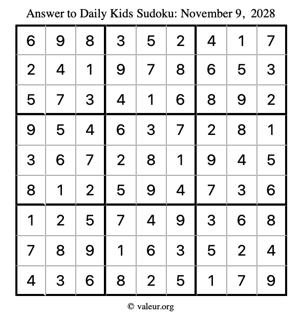 Answer to kids sudoku November 9, 2028