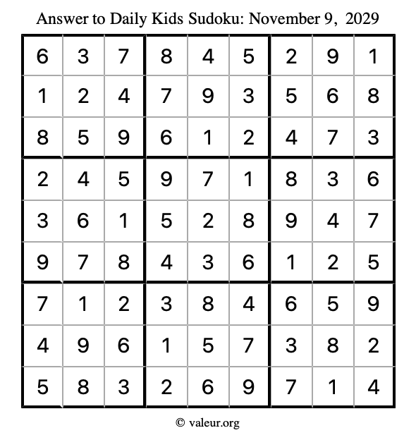 Answer to kids sudoku November 9, 2029