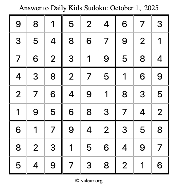 Answer to kids sudoku October 1, 2025