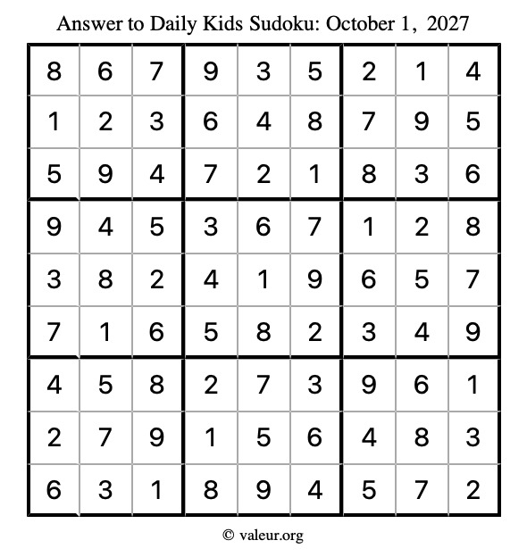Answer to kids sudoku October 1, 2027
