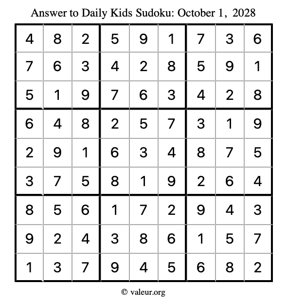 Answer to kids sudoku October 1, 2028