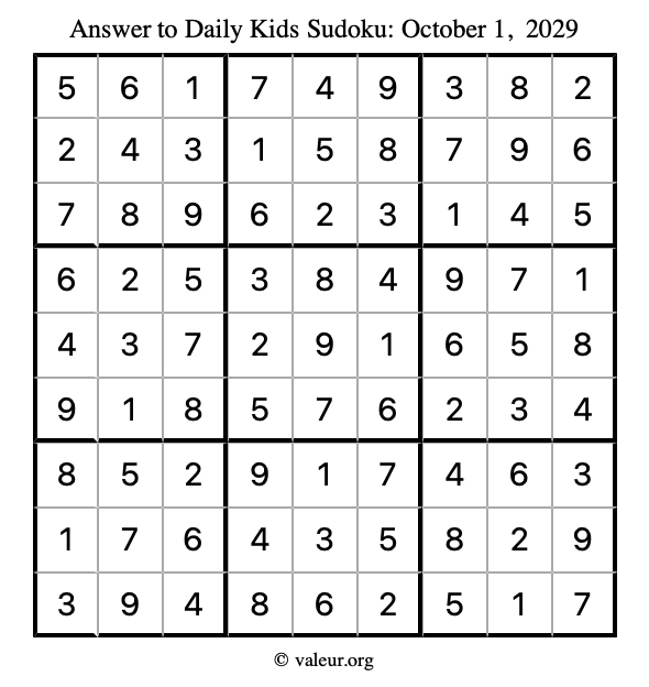 Answer to kids sudoku October 1, 2029