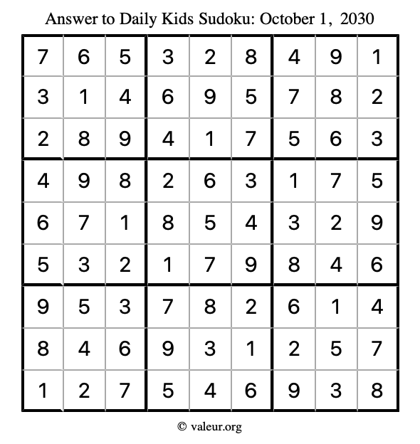 Answer to kids sudoku October 1, 2030