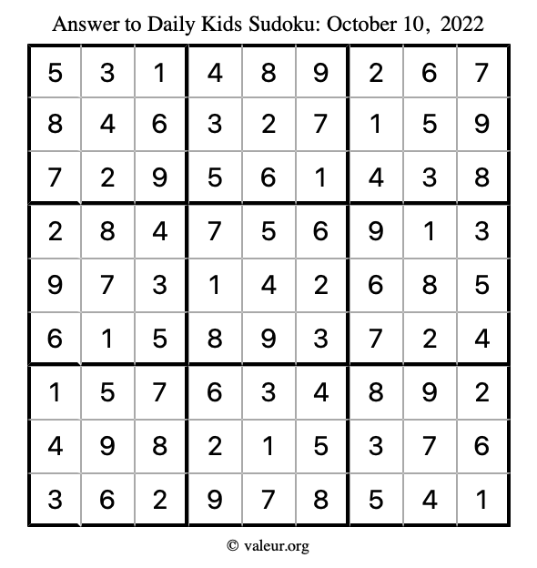 Answer to kids sudoku October 10, 2022