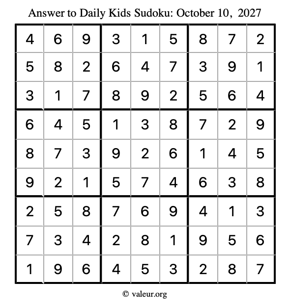 Answer to kids sudoku October 10, 2027