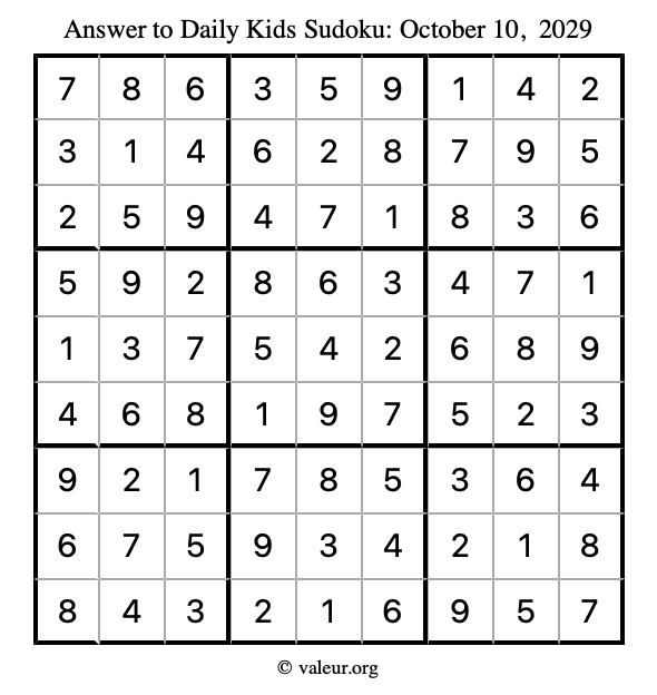 Answer to kids sudoku October 10, 2029