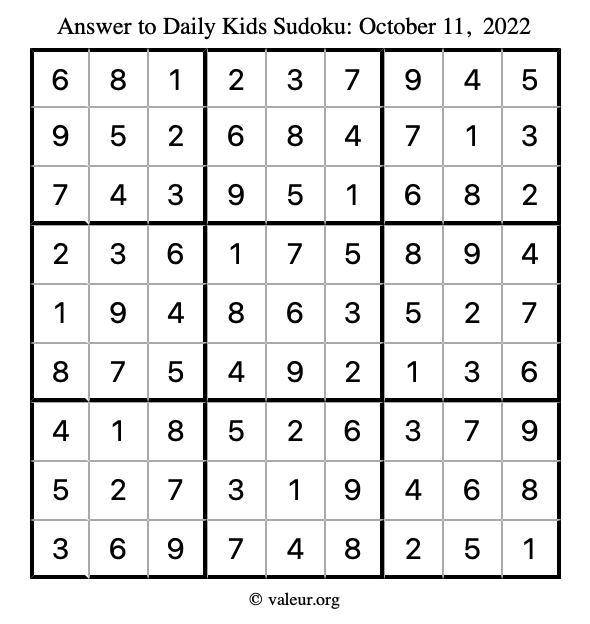 Answer to kids sudoku October 11, 2022