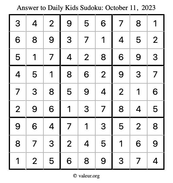 Answer to kids sudoku October 11, 2023