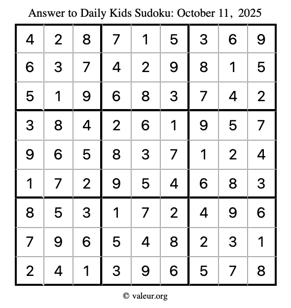 Answer to kids sudoku October 11, 2025