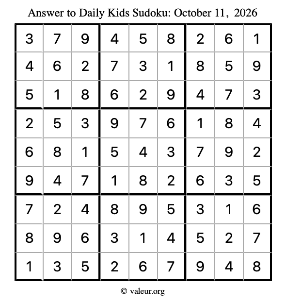 Answer to kids sudoku October 11, 2026