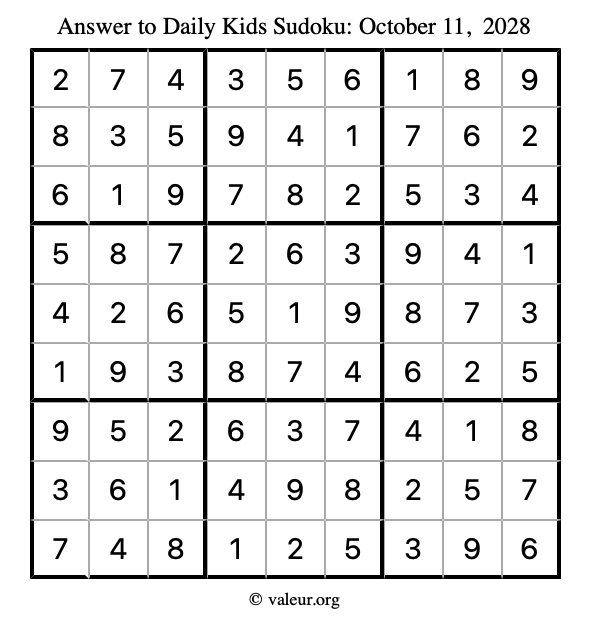 Answer to kids sudoku October 11, 2028