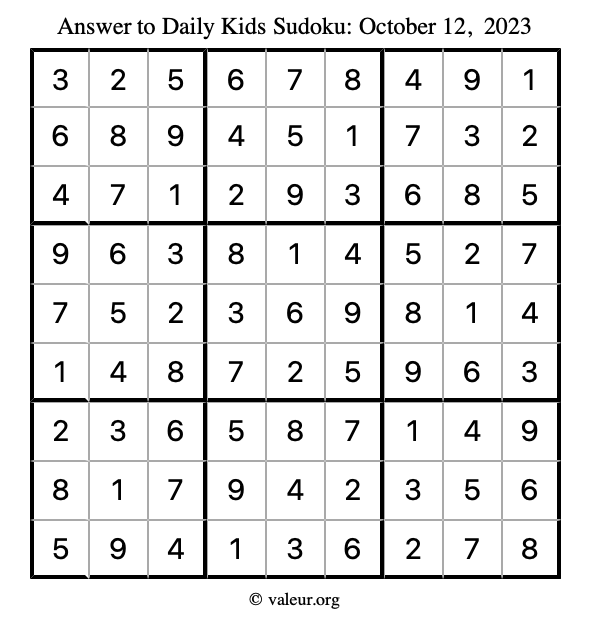 Answer to kids sudoku October 12, 2023