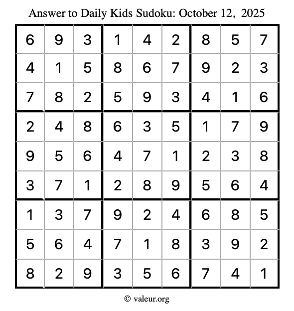 Answer to kids sudoku October 12, 2025