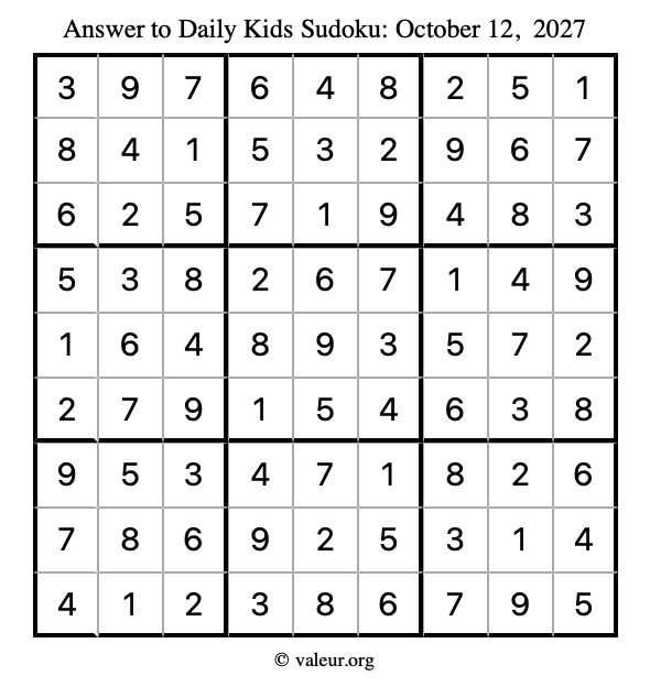 Answer to kids sudoku October 12, 2027