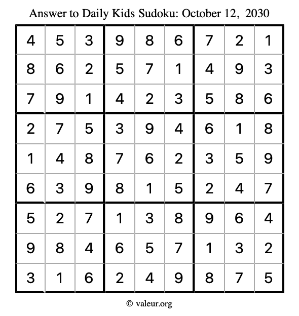 Answer to kids sudoku October 12, 2030