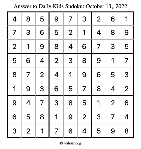 Answer to kids sudoku October 13, 2022